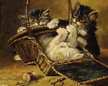 猫 Painting - かごの中の子猫 アルフレッド・ブルネル・ド・ヌーヴィル